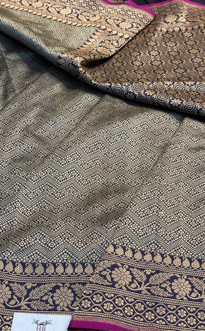 Navy Blue Pure Brocade Banarasi Silk Handwoven Saree