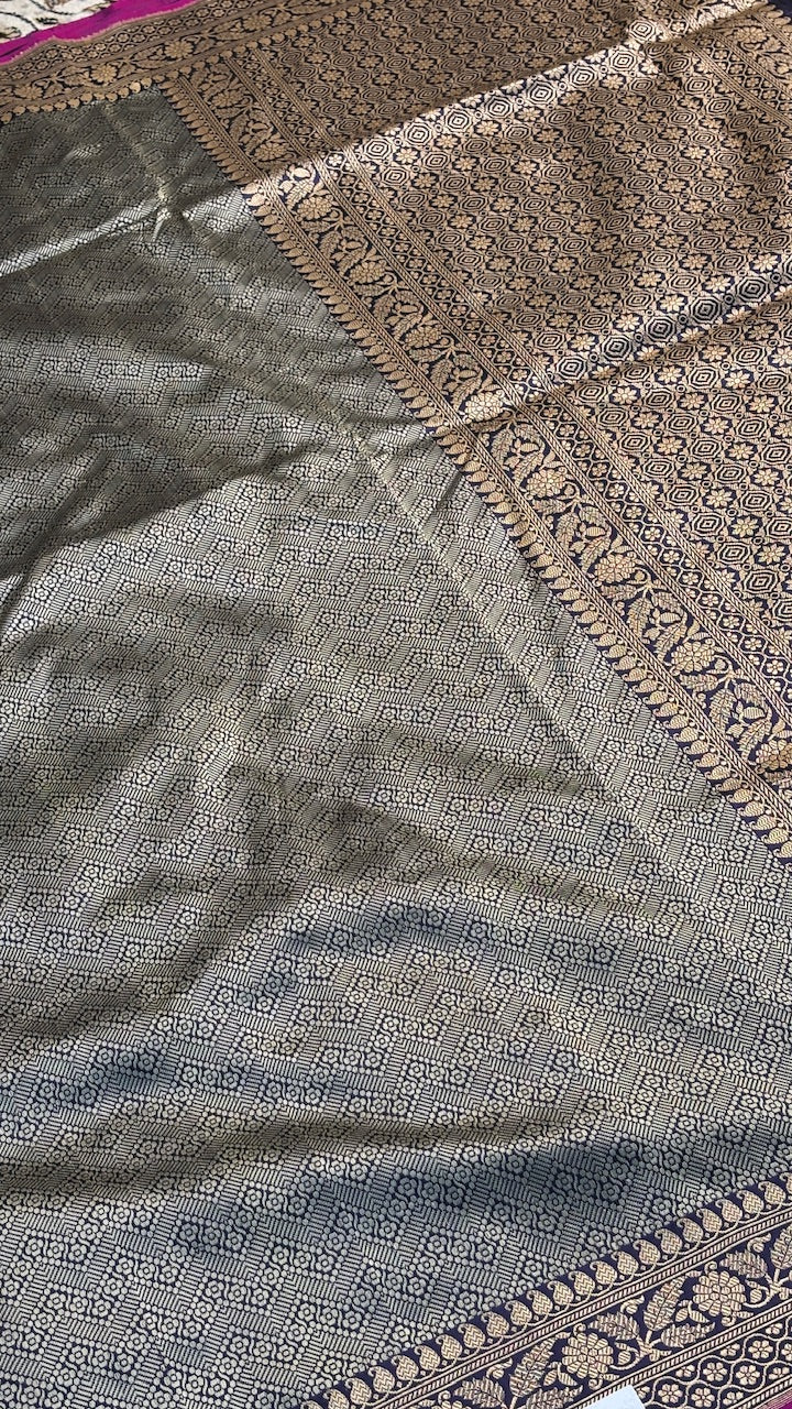 Navy Blue Pure Brocade Banarasi Silk Handwoven Saree