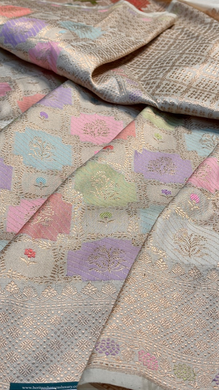 Ivory Pure Banarasi Rangkaat Katan Silk Saree