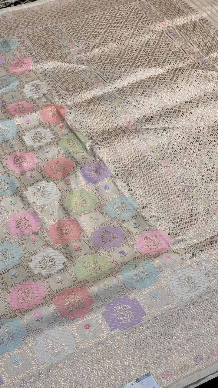 Ivory Pure Banarasi Rangkaat Katan Silk Saree