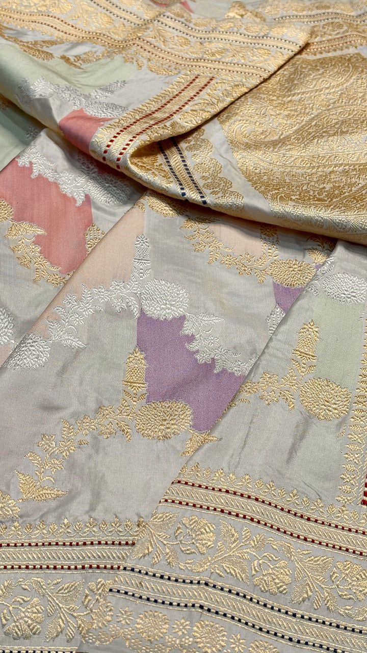Ivory Pure Banarasi Rangkaat  Katan Silk Saree