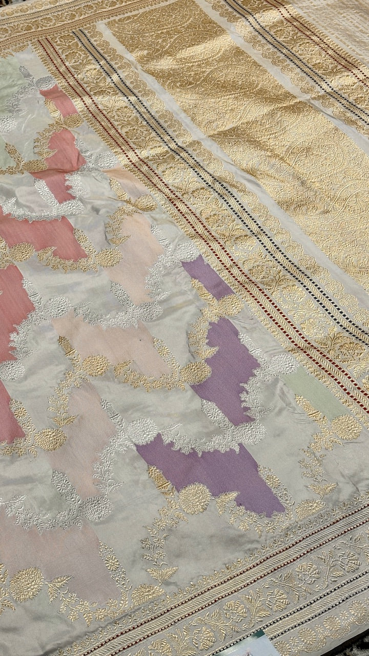 Ivory Pure Banarasi Rangkaat  Katan Silk Saree