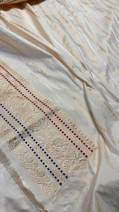 Ivory Pure Banarasi Rangkaat  Katan Silk Saree