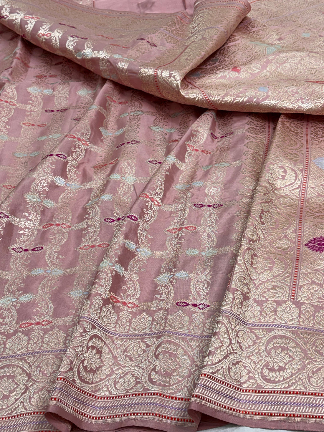 Smoke Pink Banarasi Katan Silk Meenakari Jaal Saree with Gold Zari Border