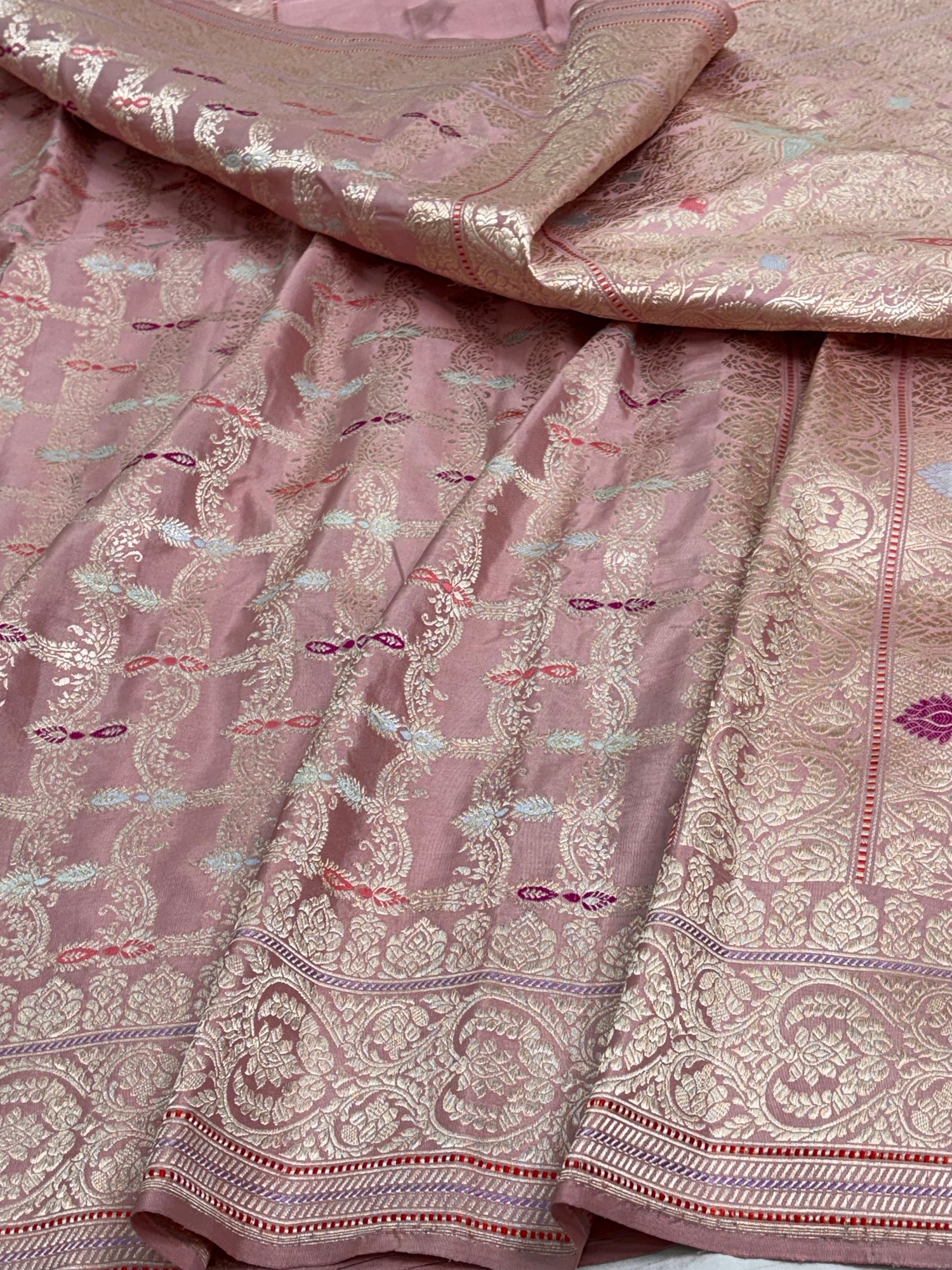 Smoke Pink Banarasi Katan Silk Meenakari Jaal Saree with Gold Zari Border