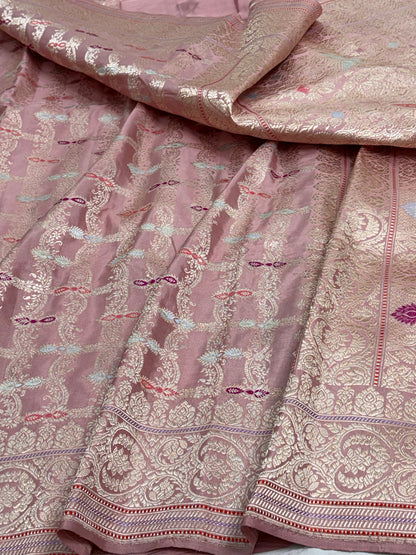 Smoke Pink Banarasi Katan Silk Meenakari Jaal Saree with Gold Zari Border