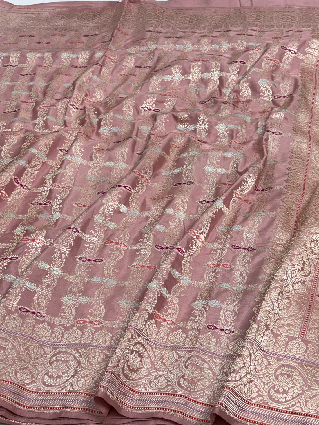Smoke Pink Banarasi Katan Silk Meenakari Jaal Saree with Gold Zari Border