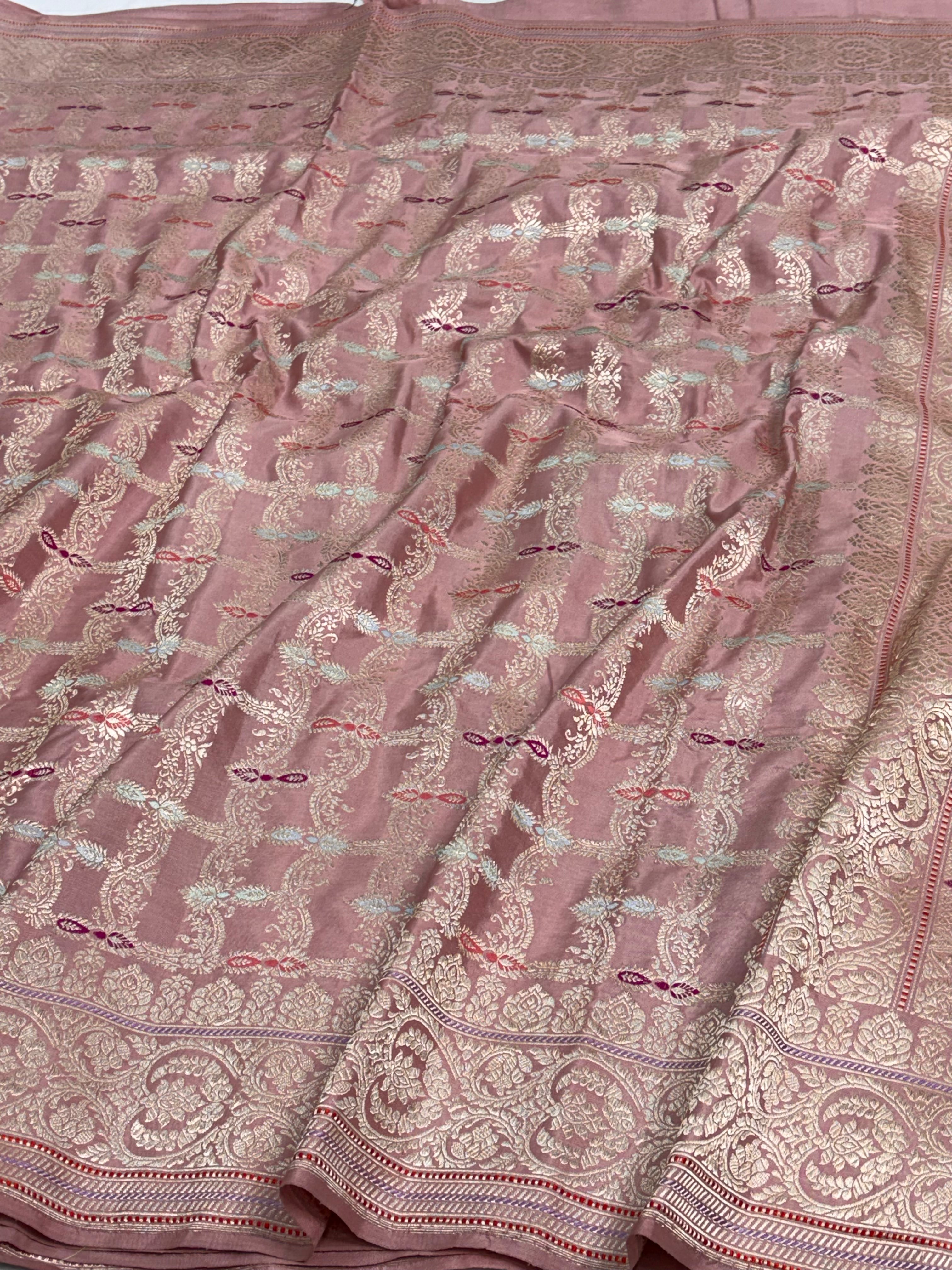 Smoke Pink Banarasi Katan Silk Meenakari Jaal Saree with Gold Zari Border