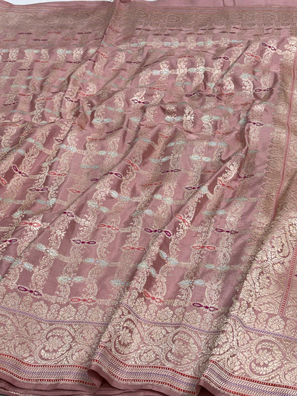 Smoke Pink Banarasi Katan Silk Meenakari Jaal Saree with Gold Zari Border