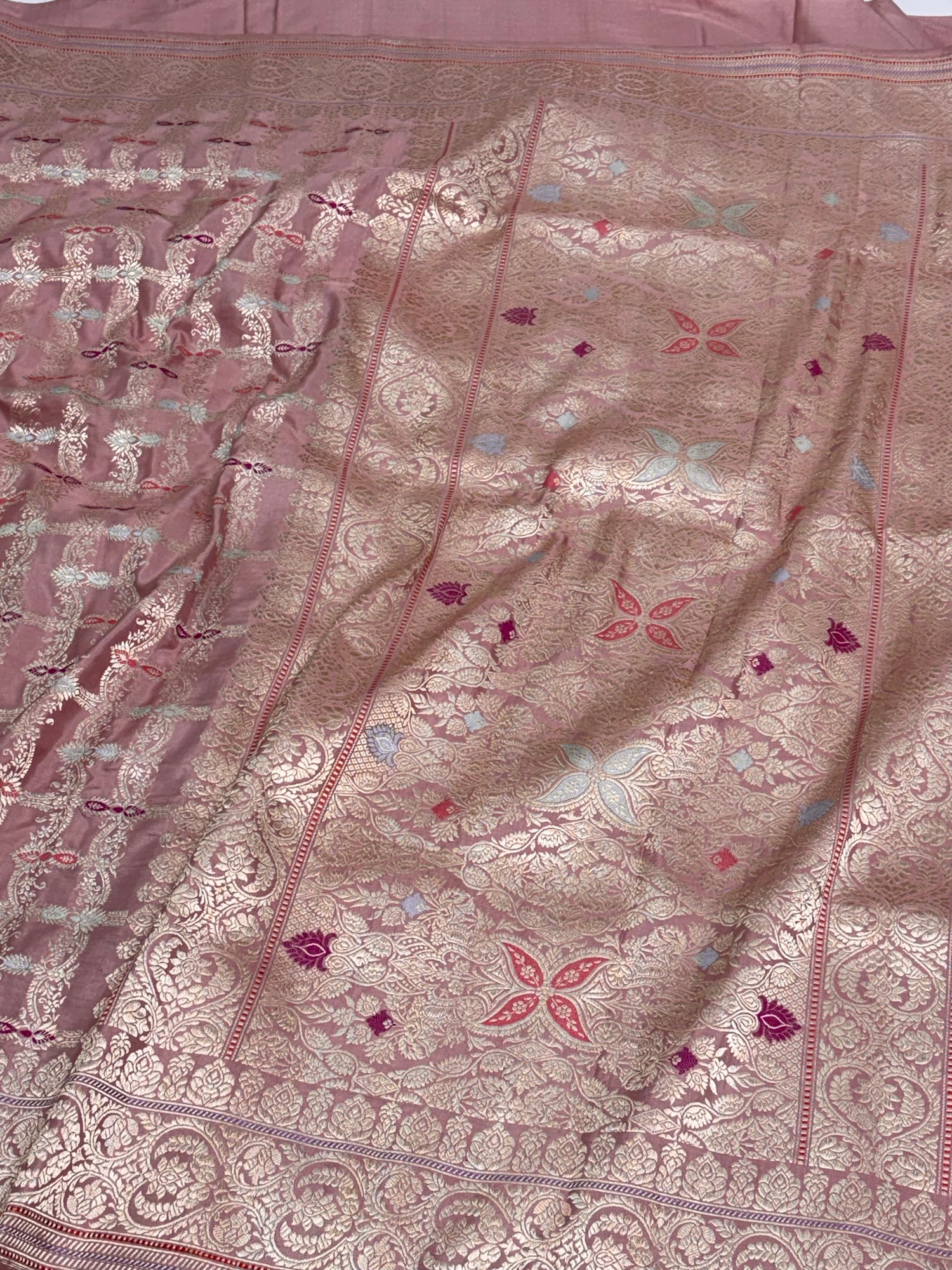 Smoke Pink Banarasi Katan Silk Meenakari Jaal Saree with Gold Zari Border