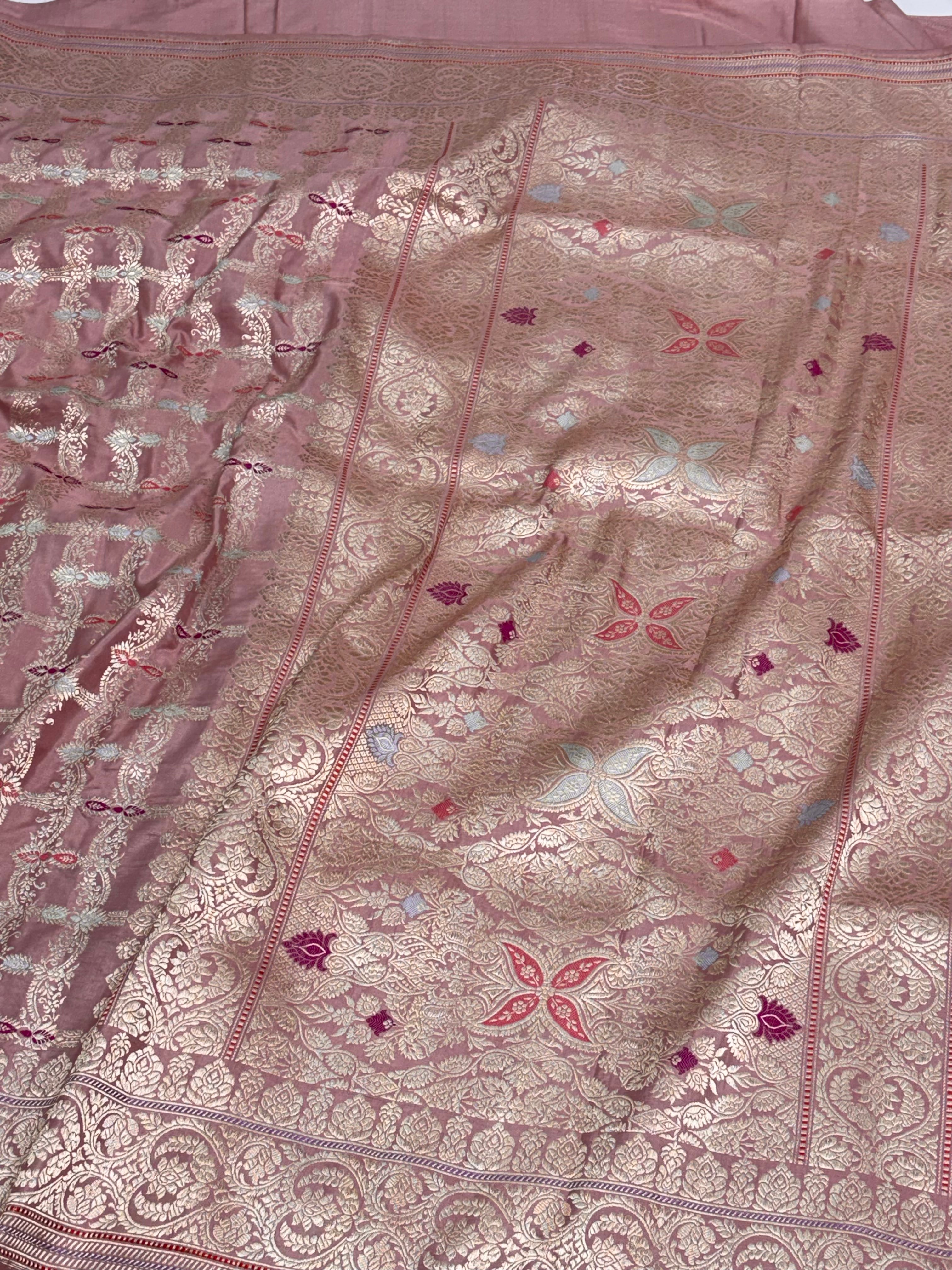 Smoke Pink Banarasi Katan Silk Meenakari Jaal Saree with Gold Zari Border