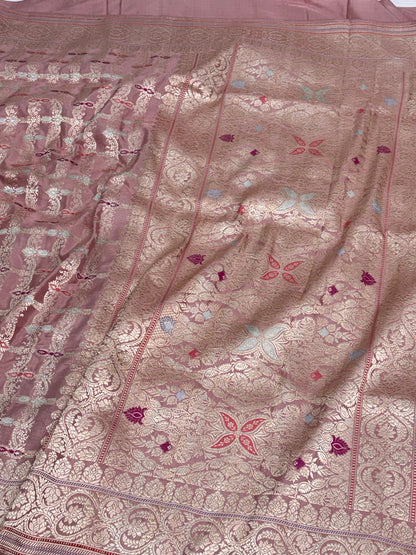 Smoke Pink Banarasi Katan Silk Meenakari Jaal Saree with Gold Zari Border