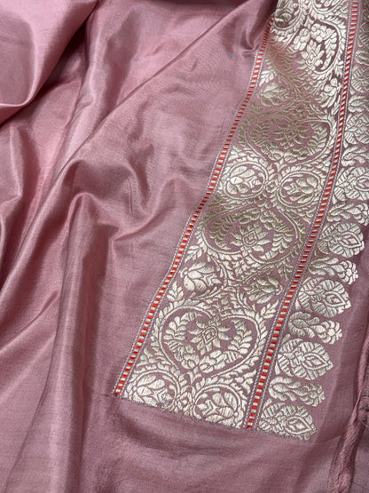 Smoke Pink Banarasi Katan Silk Meenakari Jaal Saree with Gold Zari Border