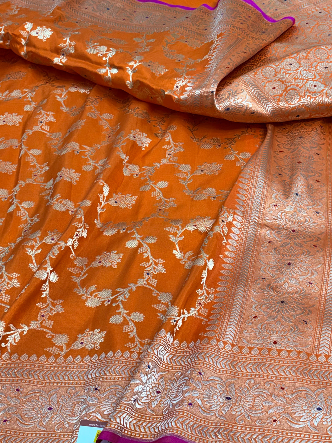 Orange Banarasi Katan Silk Meenakari Jaal Saree with Gold Zari Border