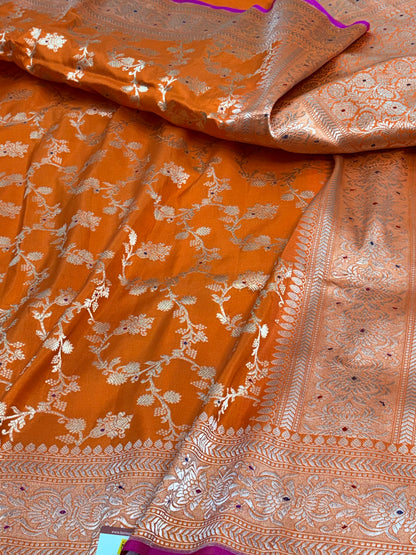 Orange Banarasi Katan Silk Meenakari Jaal Saree with Gold Zari Border