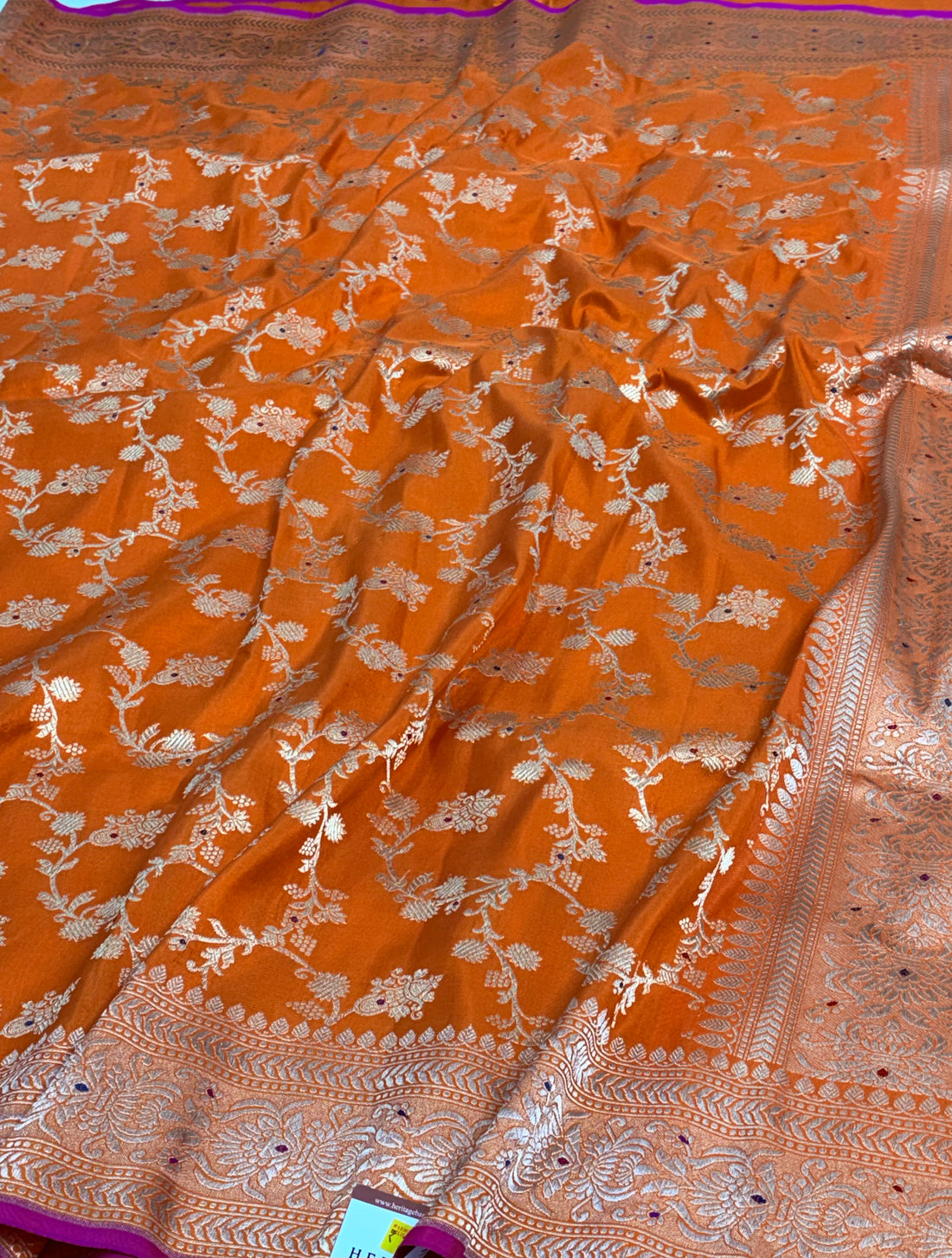 Orange Banarasi Katan Silk Meenakari Jaal Saree with Gold Zari Border