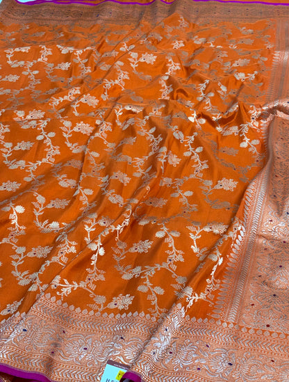 Orange Banarasi Katan Silk Meenakari Jaal Saree with Gold Zari Border