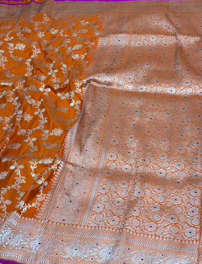 Orange Banarasi Katan Silk Meenakari Jaal Saree with Gold Zari Border