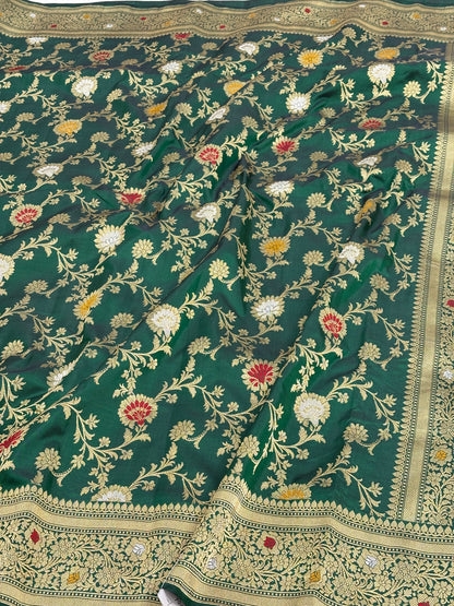 Green Banarasi Pure Katan Silk Meenakari Jaal Weaving Saree