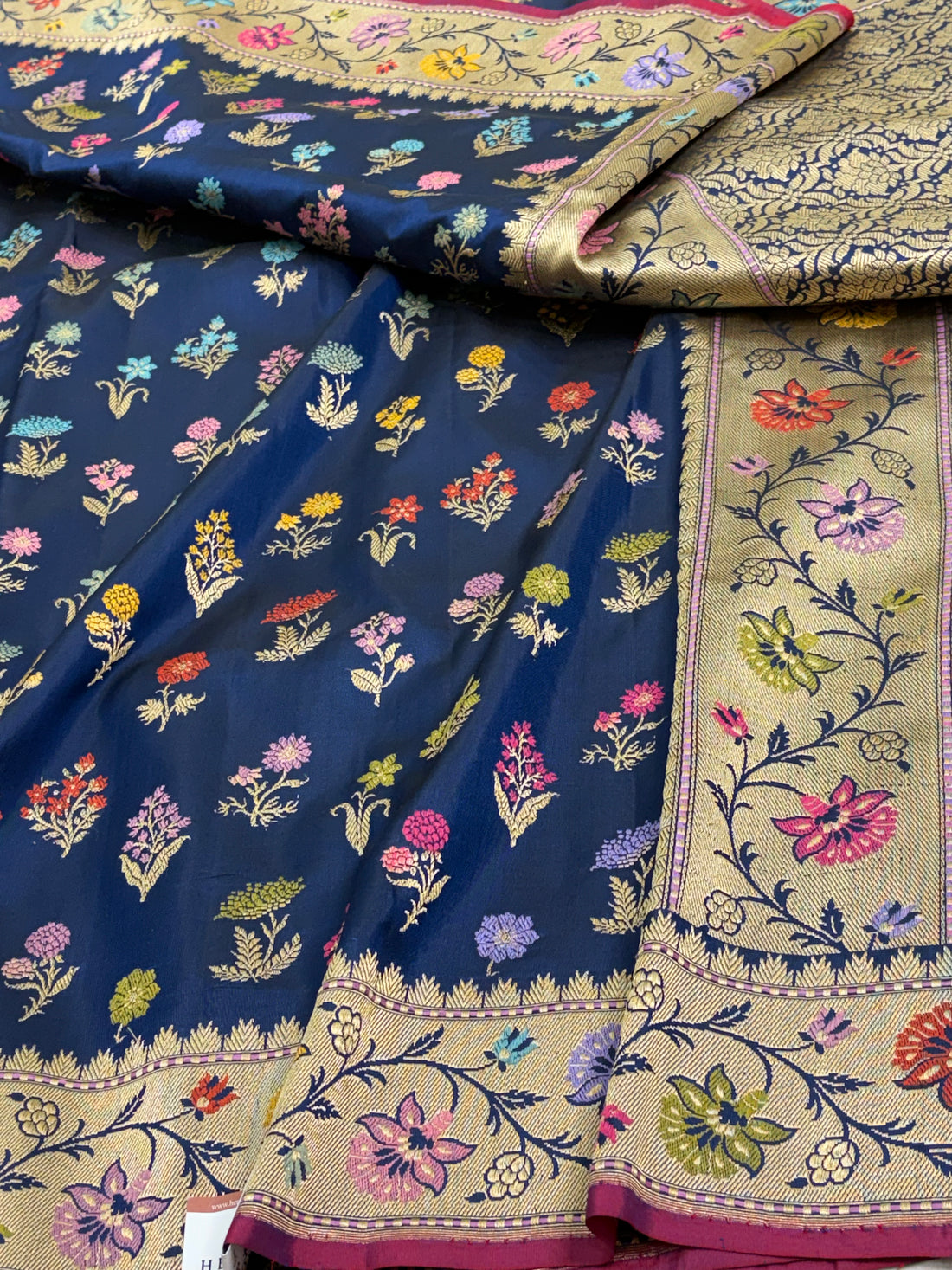 Navy Blue Banarasi Pure Katan Silk Saree with Multicolor Meenakari Buta Jaal motifs