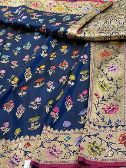 Navy Blue Banarasi Pure Katan Silk Saree with Multicolor Meenakari Buta Jaal motifs