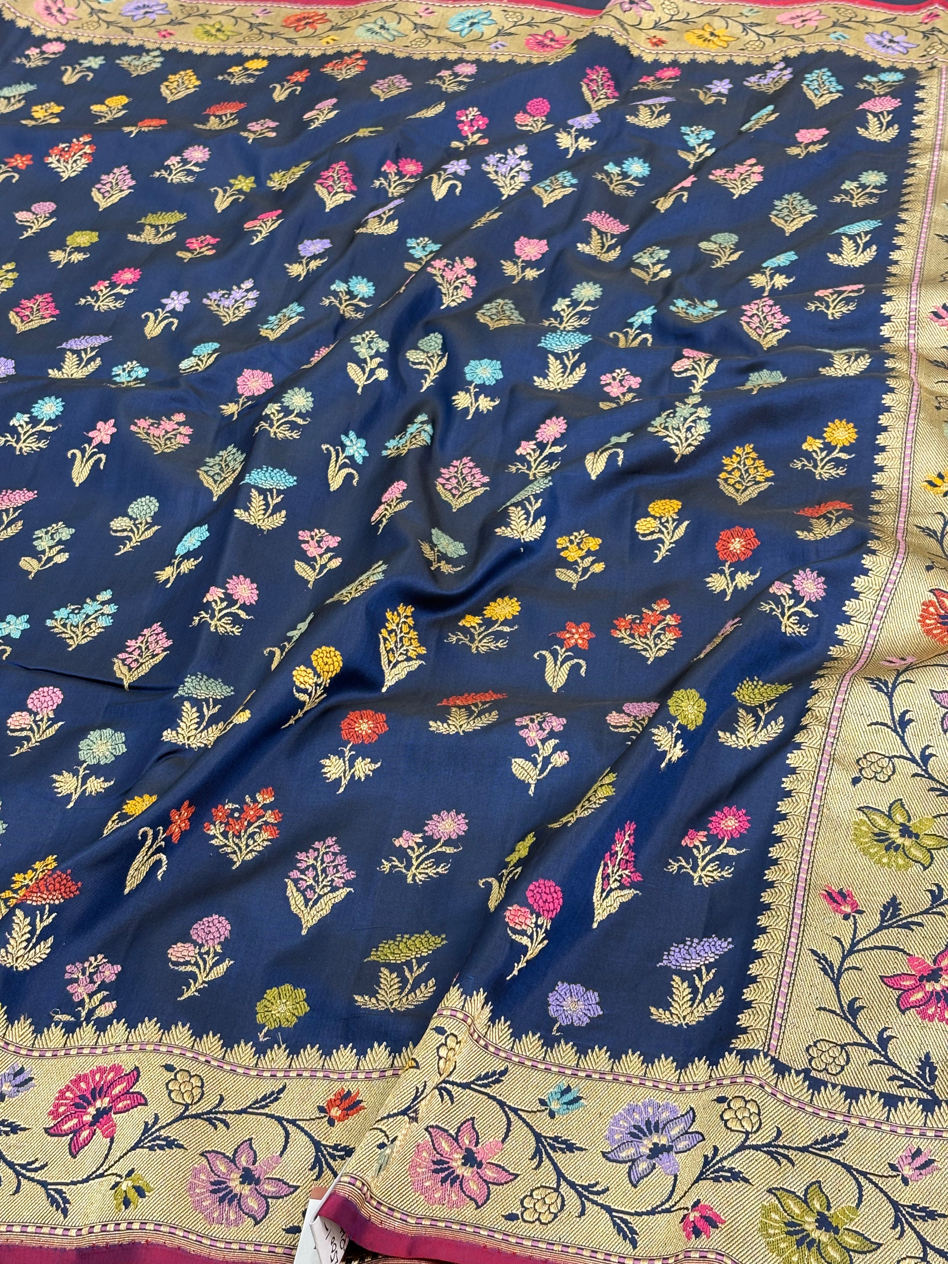 Navy Blue Banarasi Pure Katan Silk Saree with Multicolor Meenakari Buta Jaal motifs