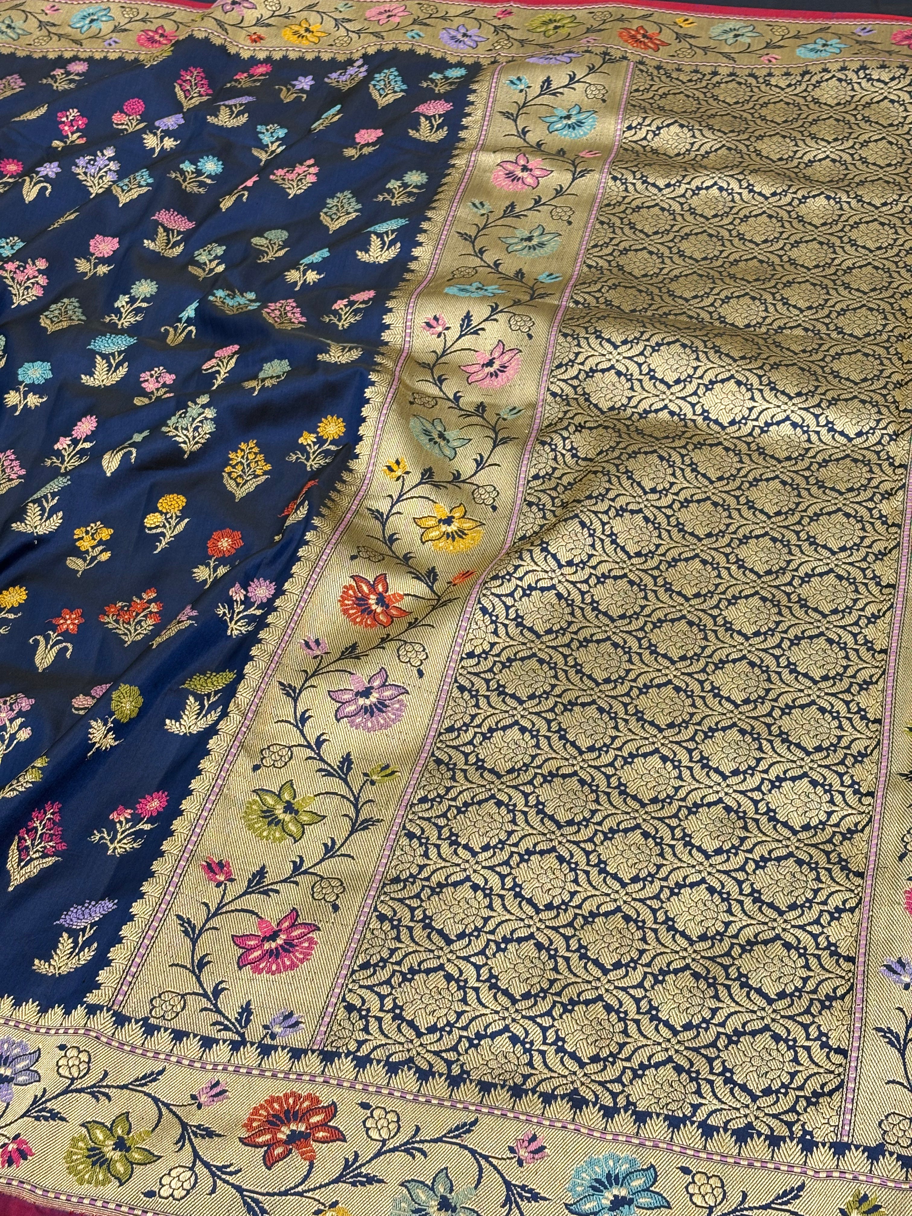 Navy Blue Banarasi Pure Katan Silk Saree with Multicolor Meenakari Buta Jaal motifs