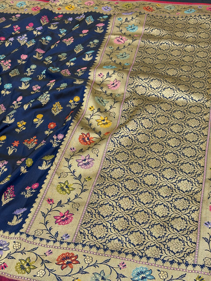 Navy Blue Banarasi Pure Katan Silk Saree with Multicolor Meenakari Buta Jaal motifs