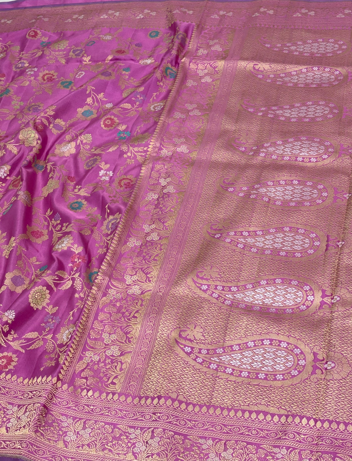 Traditional Pink Banarasi Pure Katan Silk Saree with Rupa Sona Meenakari Jaal Motifs