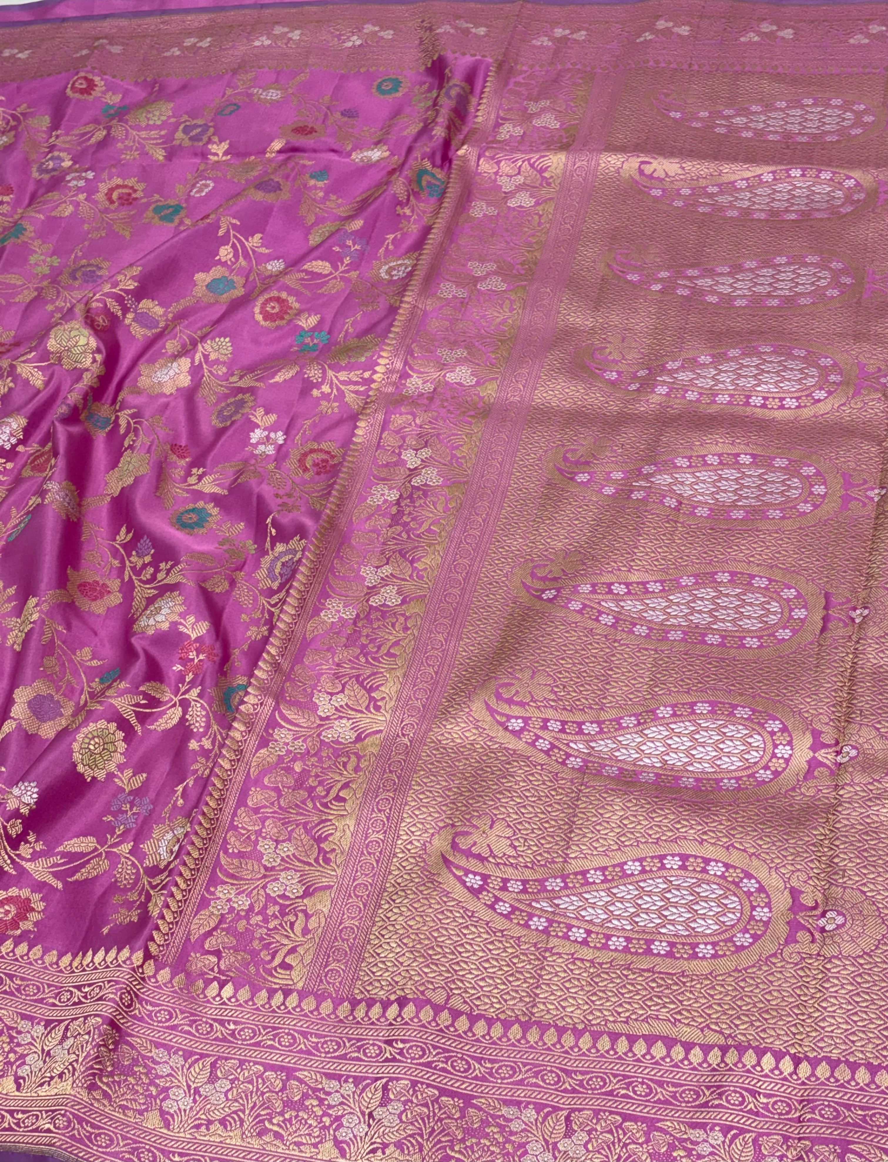 Traditional Pink Banarasi Pure Katan Silk Saree with Rupa Sona Meenakari Jaal Motifs