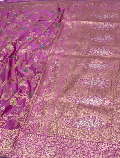 Traditional Pink Banarasi Pure Katan Silk Saree with Rupa Sona Meenakari Jaal Motifs