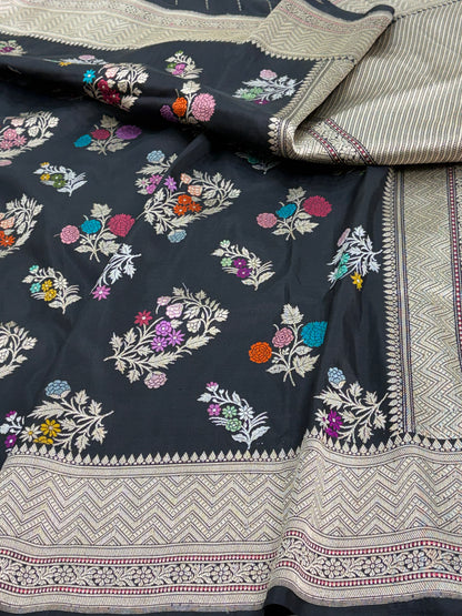 Black Banarasi Multicolor Meenakari Buta Jaal Pure Katan Silk Saree