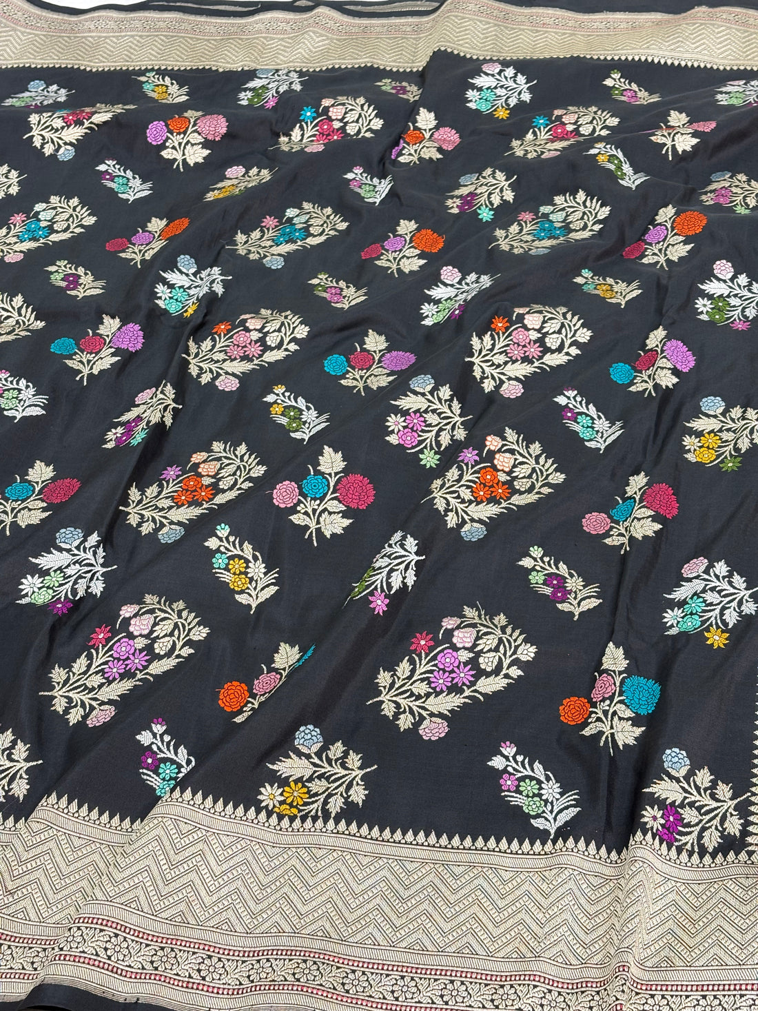 Black Banarasi Multicolor Meenakari Buta Jaal Pure Katan Silk Saree