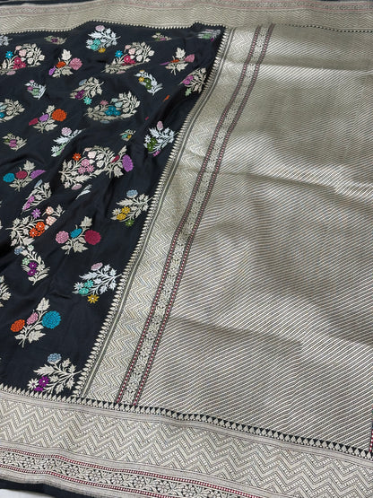 Black Banarasi Multicolor Meenakari Buta Jaal Pure Katan Silk Saree