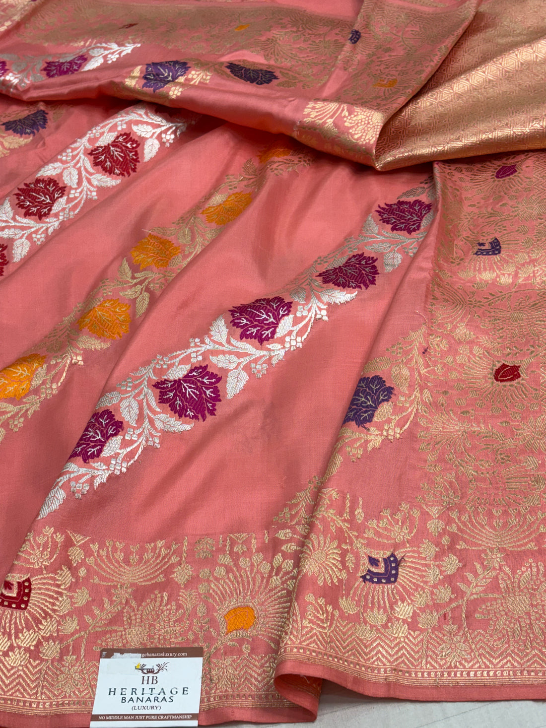Peach Pink Pure Banarasi Katan Silk Saree with Aadha Meenakari Jaal Design