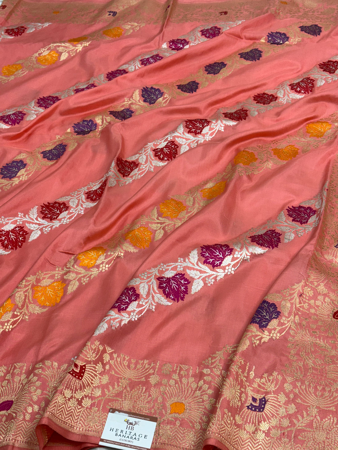 Peach Pink Pure Banarasi Katan Silk Saree with Aadha Meenakari Jaal Design