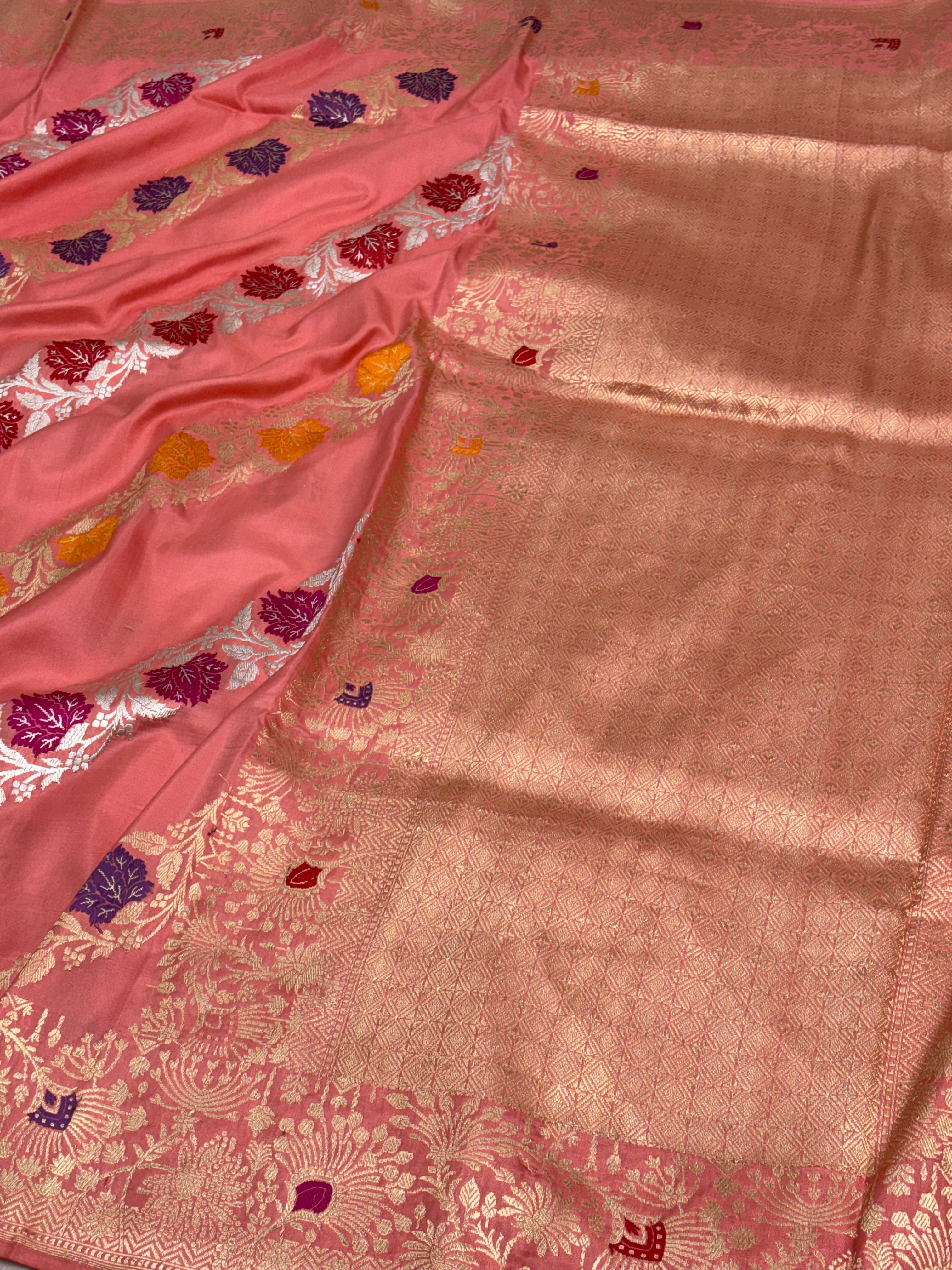 Peach Pink Pure Banarasi Katan Silk Saree with Aadha Meenakari Jaal Design