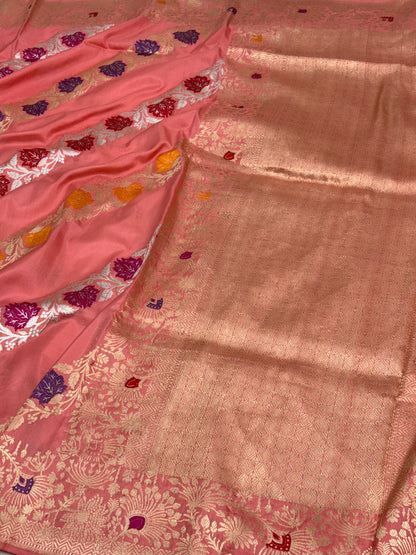 Peach Pink Pure Banarasi Katan Silk Saree with Aadha Meenakari Jaal Design