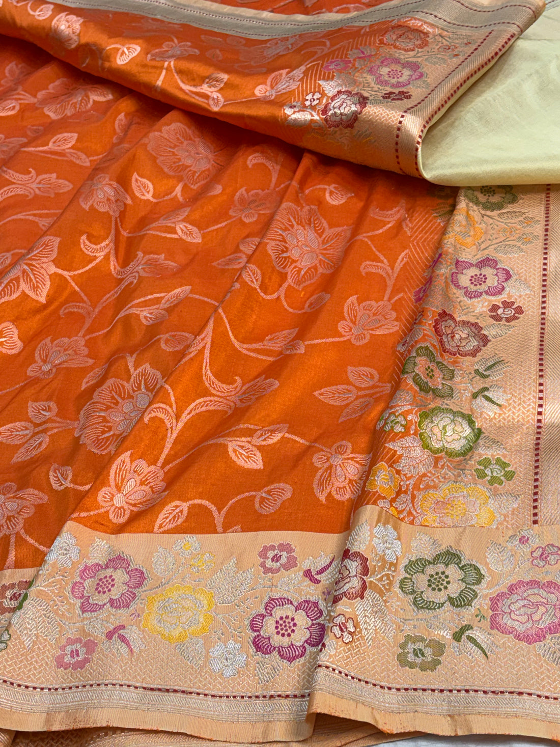 Orange Banarasi Katan Silk Ektara Jaal Saree with Meenakari Border