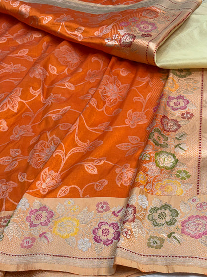 Orange Banarasi Katan Silk Ektara Jaal Saree with Meenakari Border
