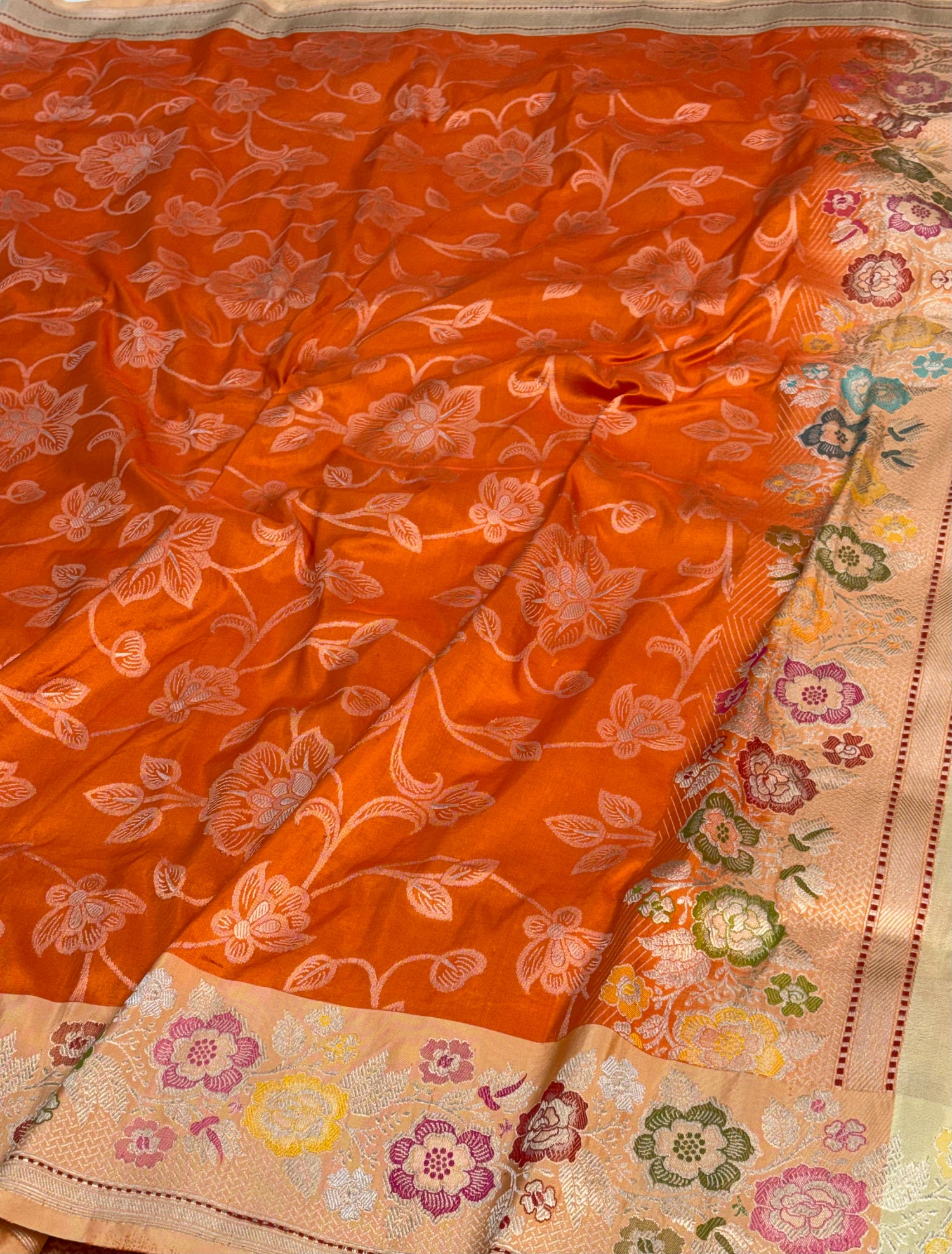 Orange Banarasi Katan Silk Ektara Jaal Saree with Meenakari Border