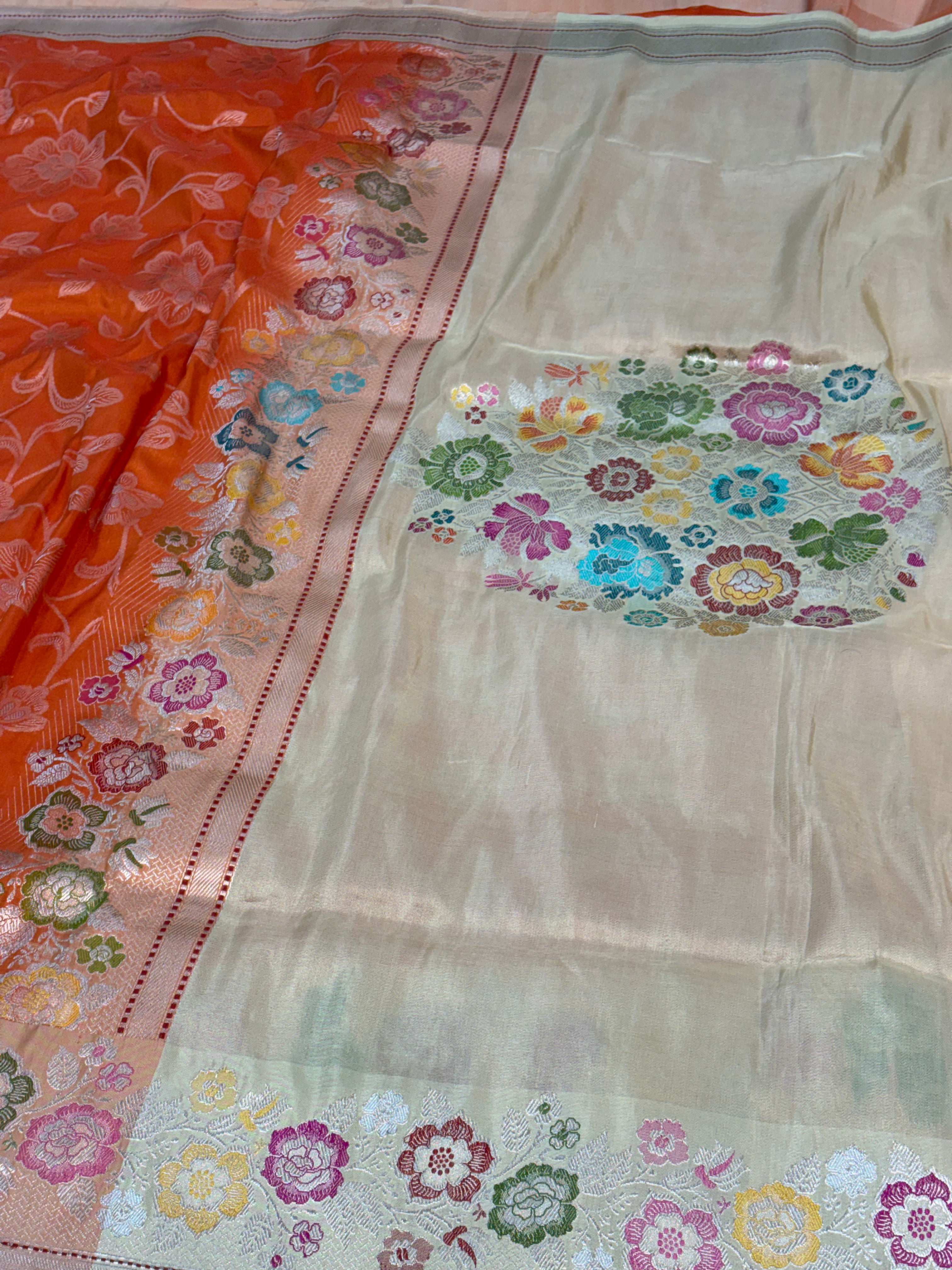 Orange Banarasi Katan Silk Ektara Jaal Saree with Meenakari Border