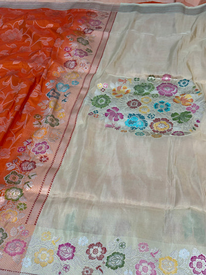 Orange Banarasi Katan Silk Ektara Jaal Saree with Meenakari Border