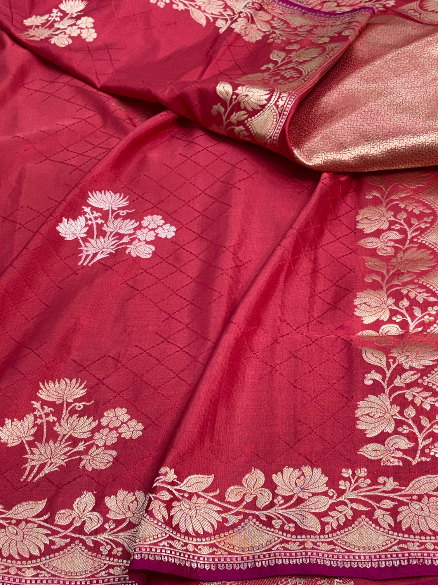 Red Banarasi Satin Silk Buta Saree with Gold Zari Border