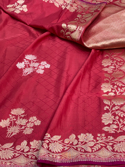 Red Banarasi Satin Silk Buta Saree with Gold Zari Border