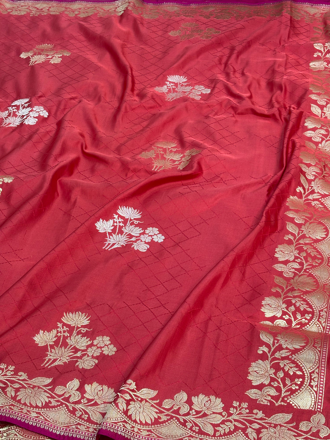 Red Banarasi Satin Silk Buta Saree with Gold Zari Border