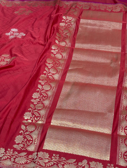 Red Banarasi Satin Silk Buta Saree with Gold Zari Border