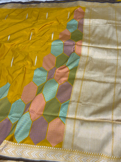 Yellow Modern Banarasi Saree with Contemporary Hexagonal Meenakari Design