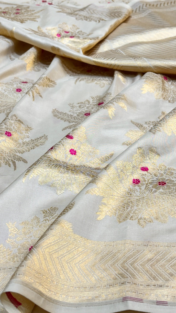Ivory Banarasi Katan Brocade Silk Saree