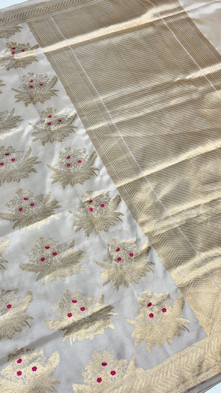 Ivory Banarasi Katan Brocade Silk Saree